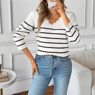 Womens Long Sleeve V Neck Sweater Striped Pattern Casual Style Available in White Wholesale Supply factory direct