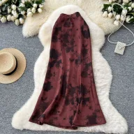 High Waist Satin Midi Skirt for Women Vintage Ink Print Flared Design Summer Casual Wear