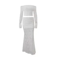 Off Shoulder Lace Long Sleeve Top and Fishtail Skirt Set for Women Elegant White Fall Fashion