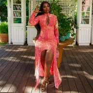 Deep V Neck Hollow Out High Slit Bodycon Dress Floral Print Spring Summer Beach Vacation Wholesale Available