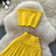 Yellow Pleated Two Piece Set for Women Layered Cake Skirt Casual Office Wear