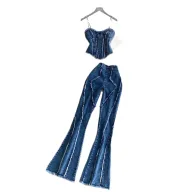 Womens Denim Two Piece Set High Waist Slim Fit Pants and Cami Top Casual Fashion for Summer