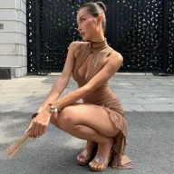 Sleeveless High Neck Bodycon Dress for Women Ruched Design Mid Length Summer Fashion