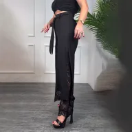 Lace Panel Casual Long Pants for Women Solid Color Adjustable Tie Comfortable Fit Spring Fashion Wholesale Available