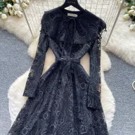 French Court Style Lace Long Sleeve Dress High Waist Tie Waist A Line Silhouette Elegant for Autumn Wholesale