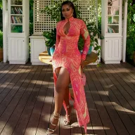 Deep V Neck Hollow Out High Slit Bodycon Dress Floral Print Spring Summer Beach Vacation Wholesale Available