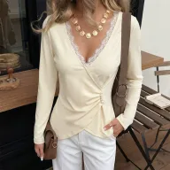 Beige Lace Long Sleeve V Neck Top for Women Casual Fit in Multiple Sizes private label