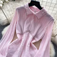 French Style Sequined Mesh Pleated Two Piece Set Waist Cinching Elegant Design Ideal for Spring and Autumn Wholesale