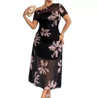 Elegant Floral Pattern Spring Dress Slim Fit Sand Color Fashionable Design Perfect for Spring Events Wholesale