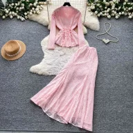 V Neck Lace Two Piece Set for Women Embroidered Beaded Design Elegant Autumn Office Wear