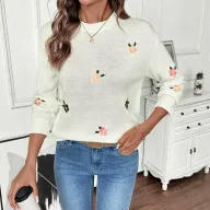 Womens Loose Fit White Sweater with Floral Embroidery Round Neck Long Sleeve for Spring and Autumn Wholesale