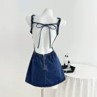Summer Denim Dress Sexy Backless Design with Bow Tie Casual Wear for Women Ready to Ship bulk order