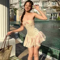 Sweetheart Neckline Ruffle Hem Dress Polka Dot Floral Print Summer Fashion