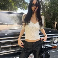 Womens V Neck Lace Short Sleeve T Shirt Slim Fit Apricot Color Summer Casual Wear