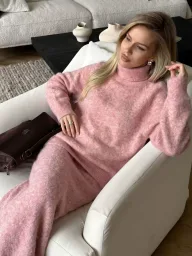 Womens Loose Knit Sweater and Wide Leg Pants Set Wool Blend Fabric Casual Autumn Winter Outfit