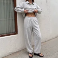 Womens Casual Two Piece Set Long Sleeve Polo Shirt Wide Leg Pants Stylish Sportswear for Everyday Wear Wholesale