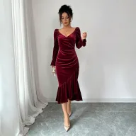 Velvet V Neck Dress Slimming Fit Irregular Hem Midi Length Autumn Winter Fashion Wholesale Available