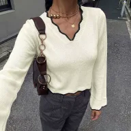 Womens Color Block V Neck Sweater Casual Style Lightweight Knit Available in White Wholesale Supply
