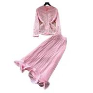 French Style V Neck Embroidered Jacket with High Waisted Pleated Skirt Elegant Lightweight Two Piece Set for Spring and