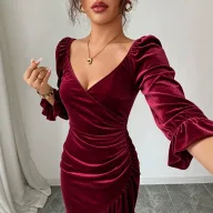 Velvet V Neck Dress Slimming Fit Irregular Hem Midi Length Autumn Winter Fashion Wholesale Available