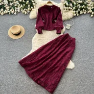 French Elegant Womens Autumn Fashion Set Embroidered Sequined Sheer Mesh Top with Waist Detail High Waisted Skirt