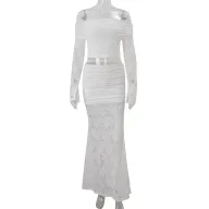 Off Shoulder Lace Long Sleeve Top and Fishtail Skirt Set for Women Elegant White Fall Fashion