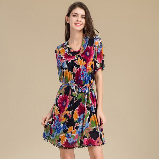 Luxury Silk Mesh Dress 100 Mulberry Silk Floral Print Plus Size Mid Length Summer Fashion Wholes
