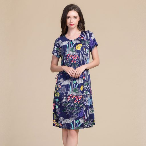 Womens Floral Print Short Sleeve Knitted Silk Dress Loose Fit Adjustable Drawstring Long Length
