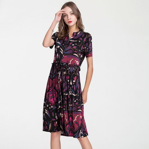 Plus Size Silk Dress High Waist V Neck Short Sleeve Floral Print Summer Elegance Wholesale Avail
