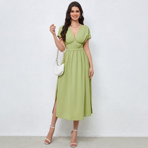 V Neck Backless Dress High Waist A Line Short Sleeve Knitted Fabric Casual Spring Wear