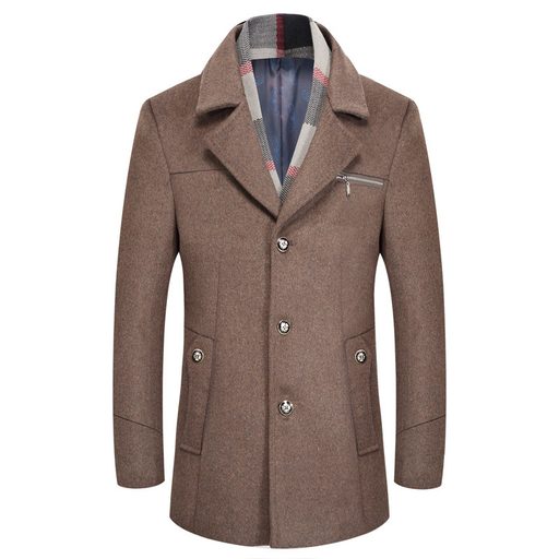 Mens Mid Length Wool Blend Coat Removable Faux Fur Collar Thickened Fabric Stylish Design Perfec