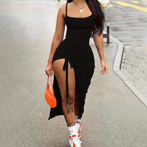 Bodycon Dress Sleeveless High Waist Ruched Design Casual Evening Wear Available in Black and Red Sizes S to XL