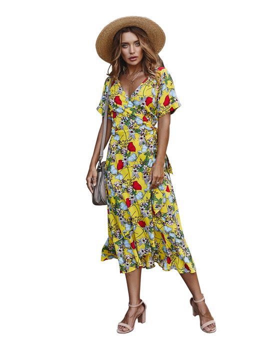 Fashionable Short Sleeve Dress Original Design Floral Print Spring Summer Style Perfect for Vaca