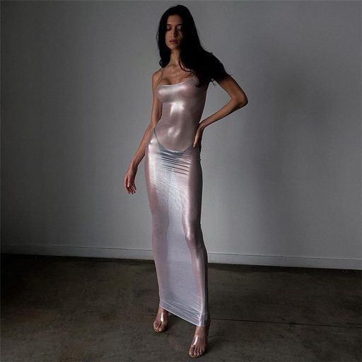 Womens Sexy Sheer Bodycon Dress Silver Foil Detail Spaghetti Straps Clubwear Style Available for