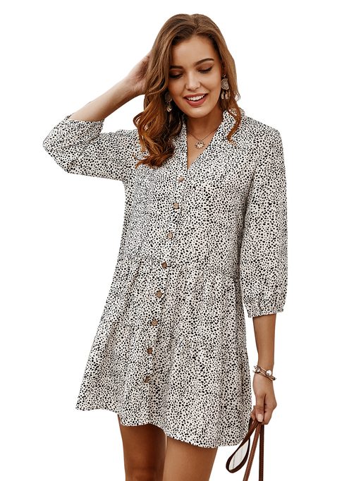 Floral Print Short Dress Womens Casual Style Three Quarter Sleeves Spring Summer Collection Whol
