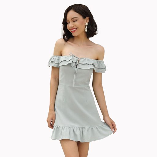 Summer Ruffle Off Shoulder Dress Slim Fit Vacation Style Lightweight Fabric Available in Multipl