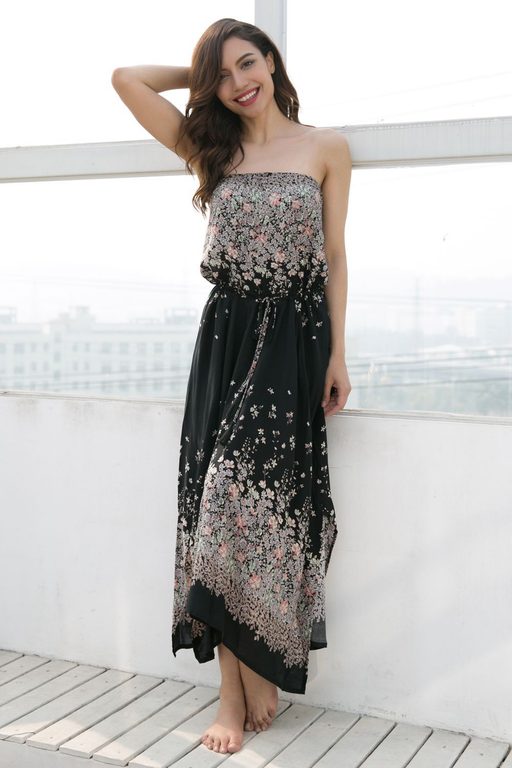 Floral Print Strapless Maxi Dress Bohemian Style Beach Vacation Lightweight Fabric Wholesale Ava