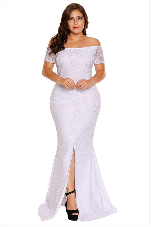 Plus Size Off Shoulder Lace Maxi Dress Short Sleeve High Slit Elegant Design Perfect for Formal