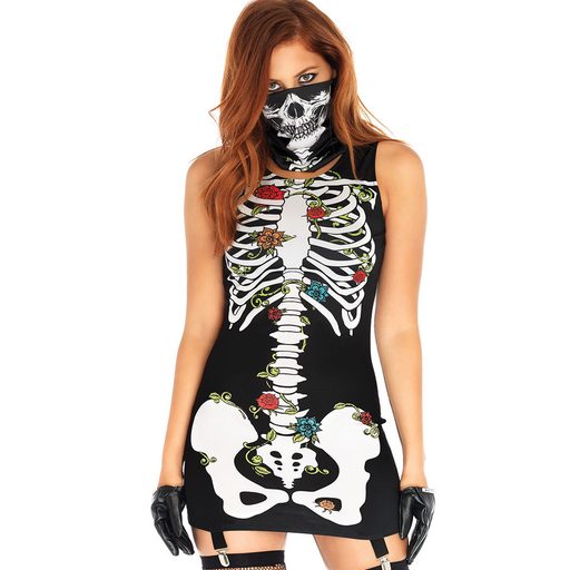Halloween Costume Dress Sexy Short Skirt Skull Print Mask Included Womens Fashion for Parties Wh
