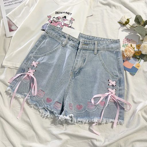 Japanese Style High Waisted Denim Shorts Blue Embroidered Frayed Hem Cute Loose Fit Summer Casua