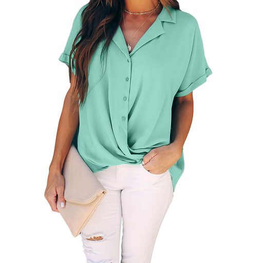 Loose Fit Solid Color Womens T Shirt V Neck Short Sleeve Pleated Design Casual Wear Wholesale Av