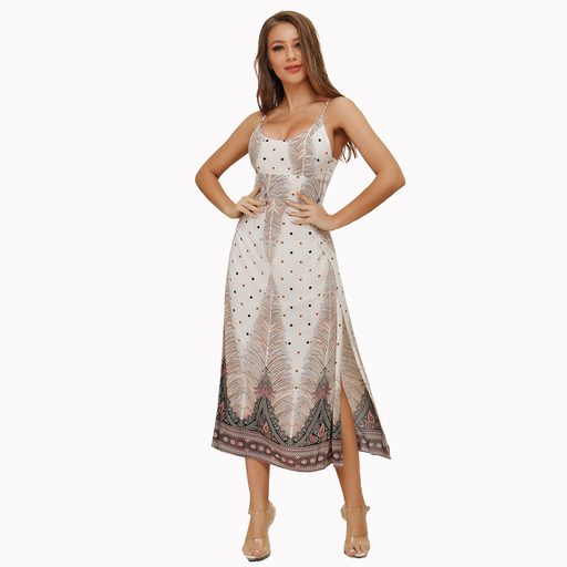 Bohemian Print Maxi Dress Sexy Spaghetti Straps Open Back High Slit Summer Vacation Wear Wholesa