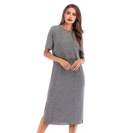 Womens Casual Solid Color Short Sleeve Round Neck Split Hem Dress Autumn Fashion Wholesale Avail