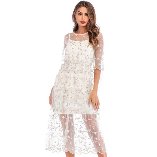 Floral Print Bodycon Dress Slim Fit Sheer Mesh Spring Summer Style Perfect for Casual Outings Wh