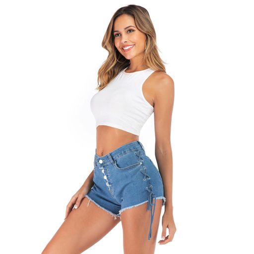 High Elasticity Womens Summer Hot Pants Eyelet Decoration Drawstring Plus Size Casual Wear Wholesale Available