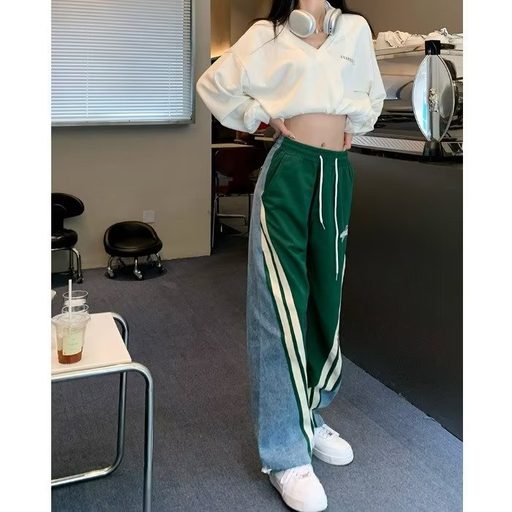 Vintage Color Block Denim Pants Unisex Loose Fit Drawstring Design Casual Streetwear for Couples Wholesale Avail