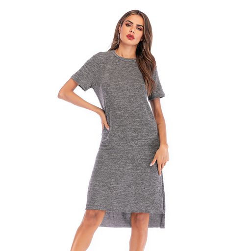 Womens Solid Color Midi Dress Short Sleeve Round Neck Side Slit Autumn Winter Fashion Wholesale