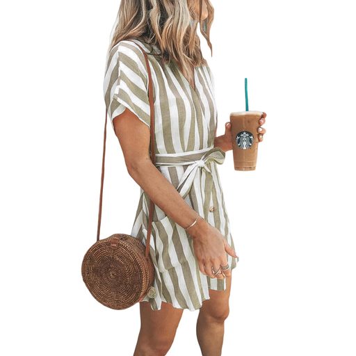 Color Block V Neck Short Sleeve Dress High Waist Knee Length Striped Design Casual Summer Wear W
