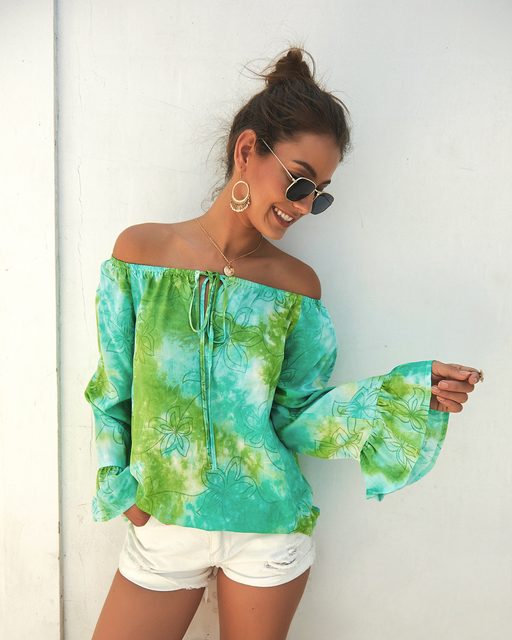 Womens Summer Long Sleeve Off Shoulder Top Original Design Lightweight Fabric Trendy Style Perfe