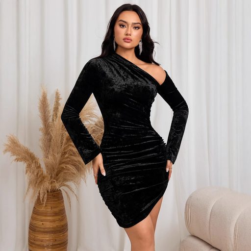 Bodycon Velvet Dress for Women Long Sleeve High Waist Off Shoulder Elegant Party Wear Available in Black S to XL